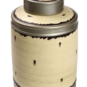 Βάζο κεραμικό σκεπαστό μπέζ με ασημί και καφέ λεπτομέριες.